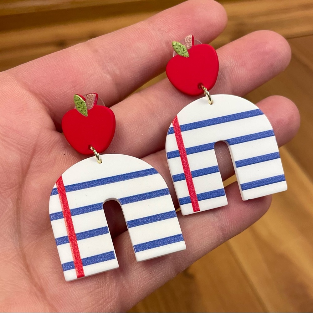 Teacher Polymer Clay Apple Notebook Arch Dangle Post Earrings Back to School